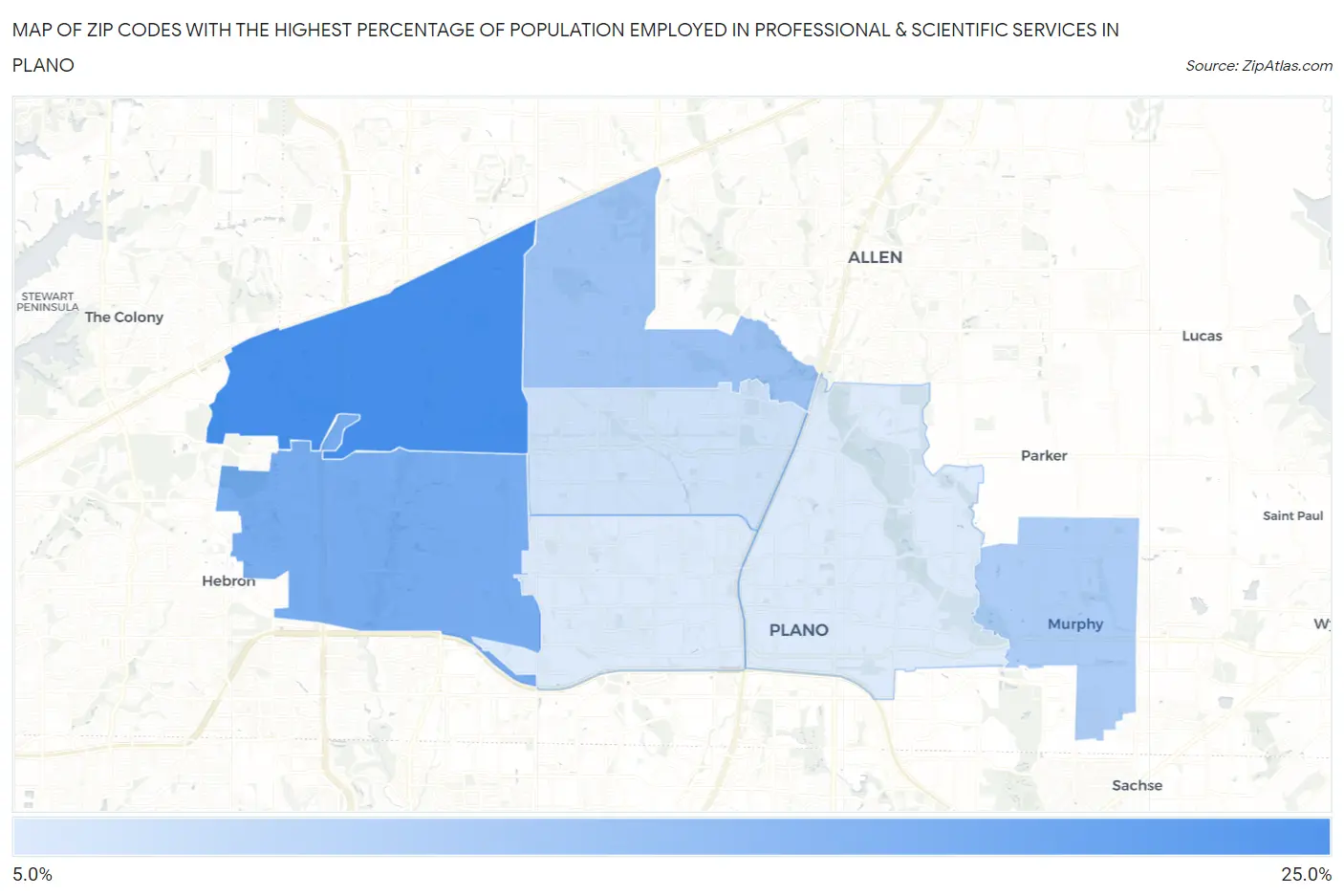 Zip Codes with the Highest Percentage of Population Employed in Professional & Scientific Services in Plano Map