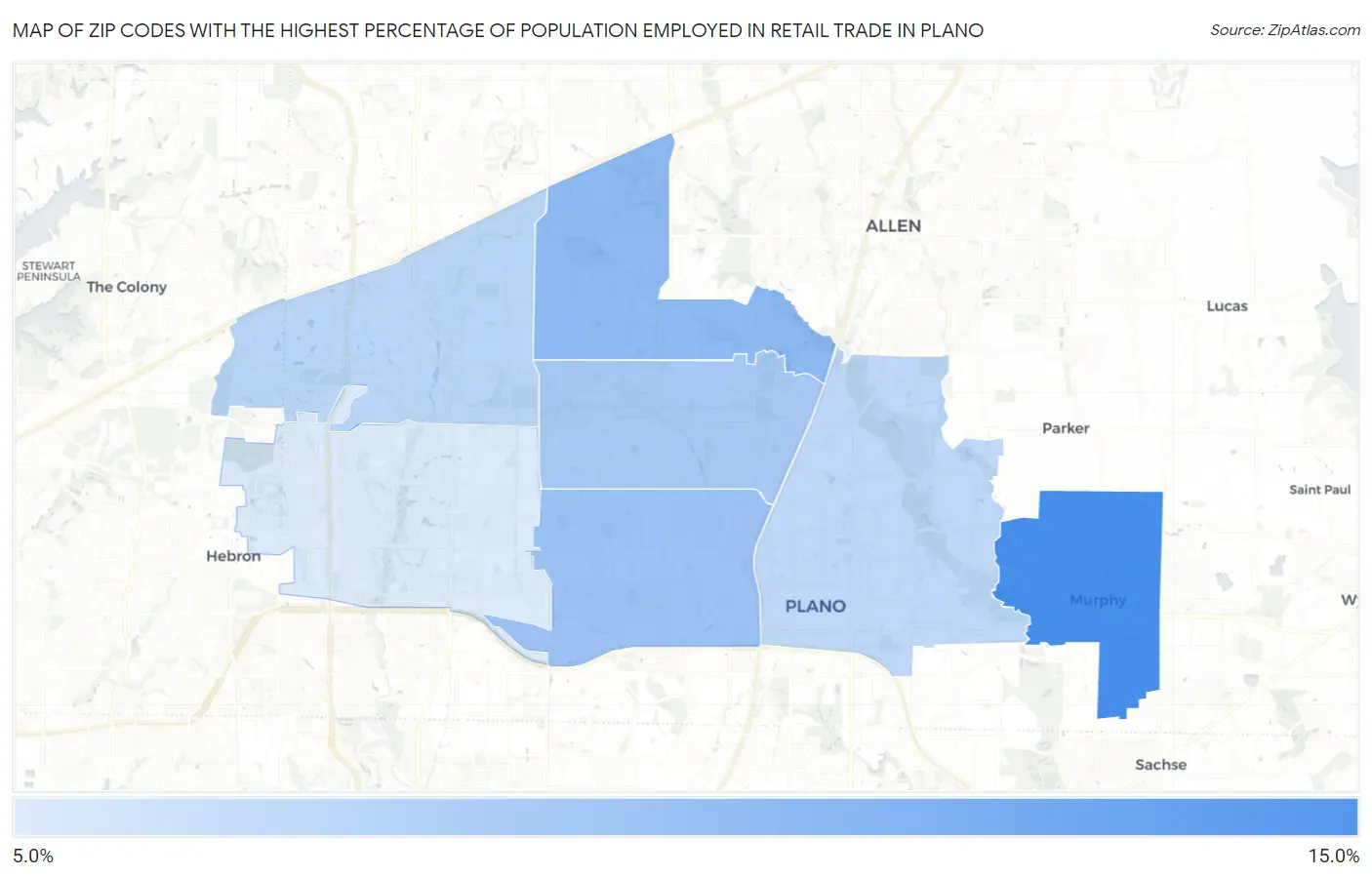 Zip Codes with the Highest Percentage of Population Employed in Retail Trade in Plano Map
