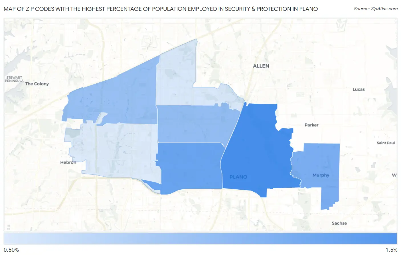 Zip Codes with the Highest Percentage of Population Employed in Security & Protection in Plano Map