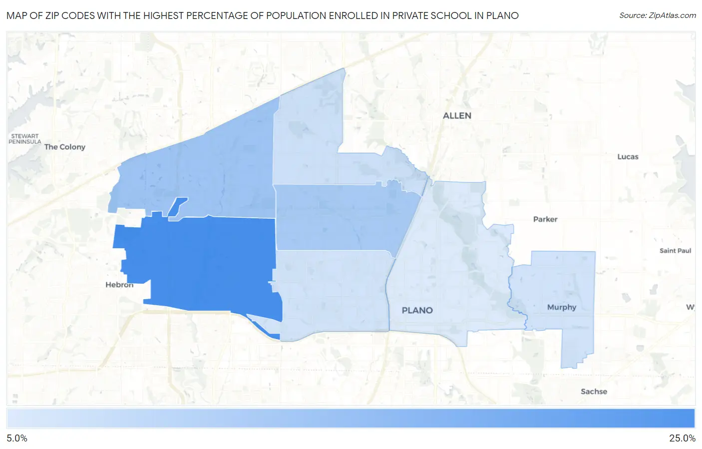 Zip Codes with the Highest Percentage of Population Enrolled in Private School in Plano Map