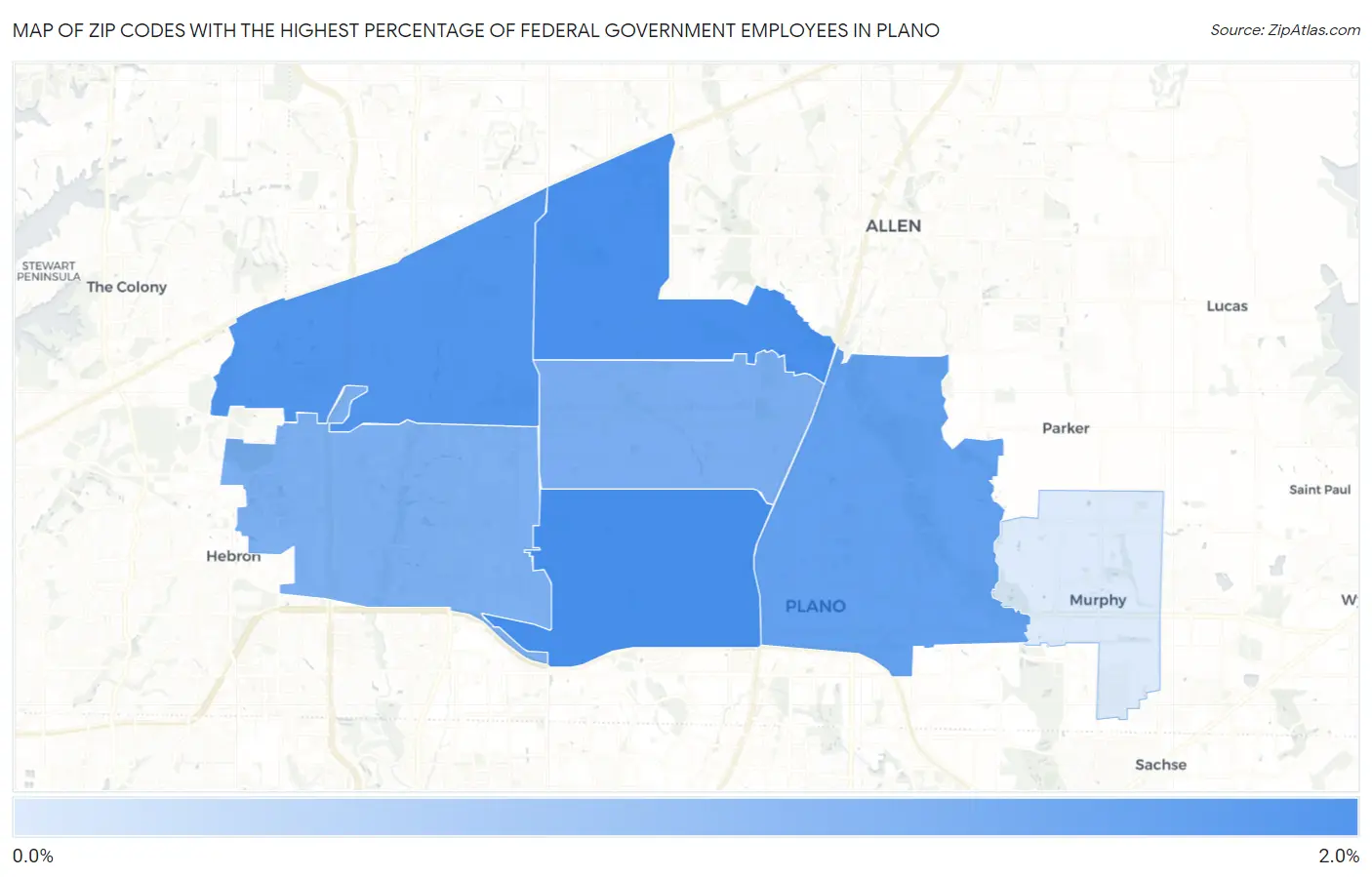 Zip Codes with the Highest Percentage of Federal Government Employees in Plano Map