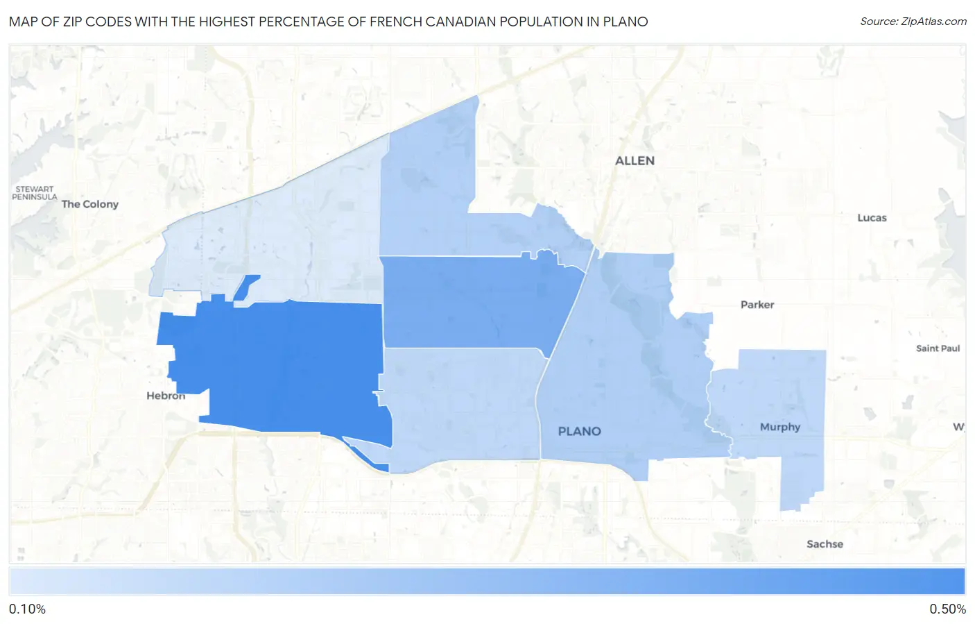 Zip Codes with the Highest Percentage of French Canadian Population in Plano Map