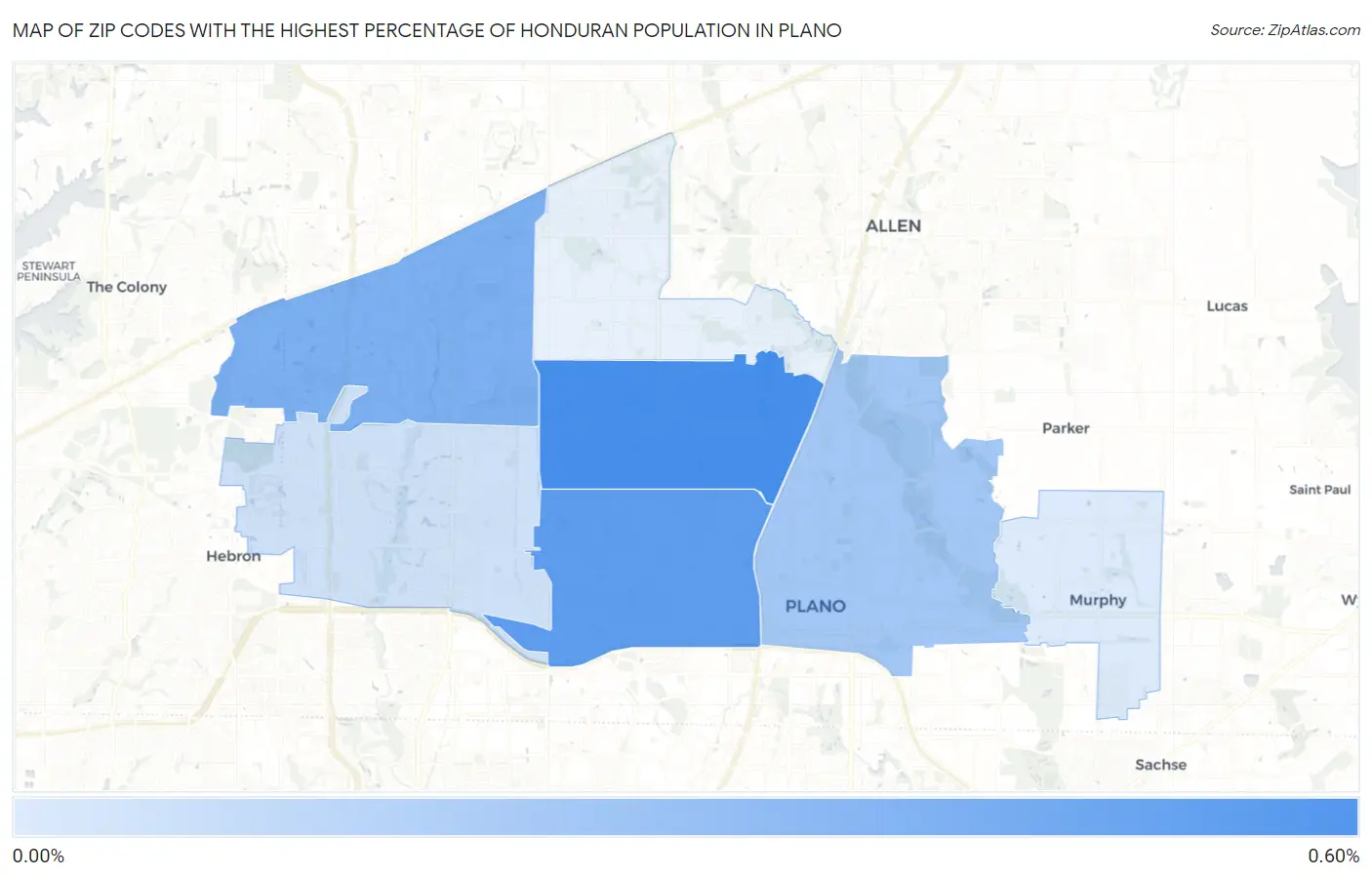Zip Codes with the Highest Percentage of Honduran Population in Plano Map