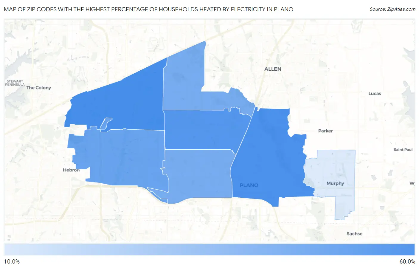 Zip Codes with the Highest Percentage of Households Heated by Electricity in Plano Map