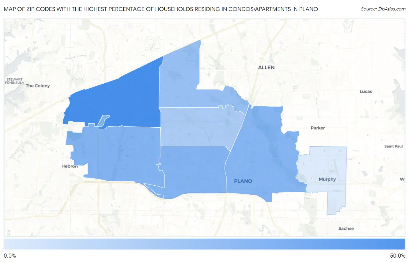 Zip Codes with the Highest Percentage of Households Residing in Condos/Apartments in Plano Map