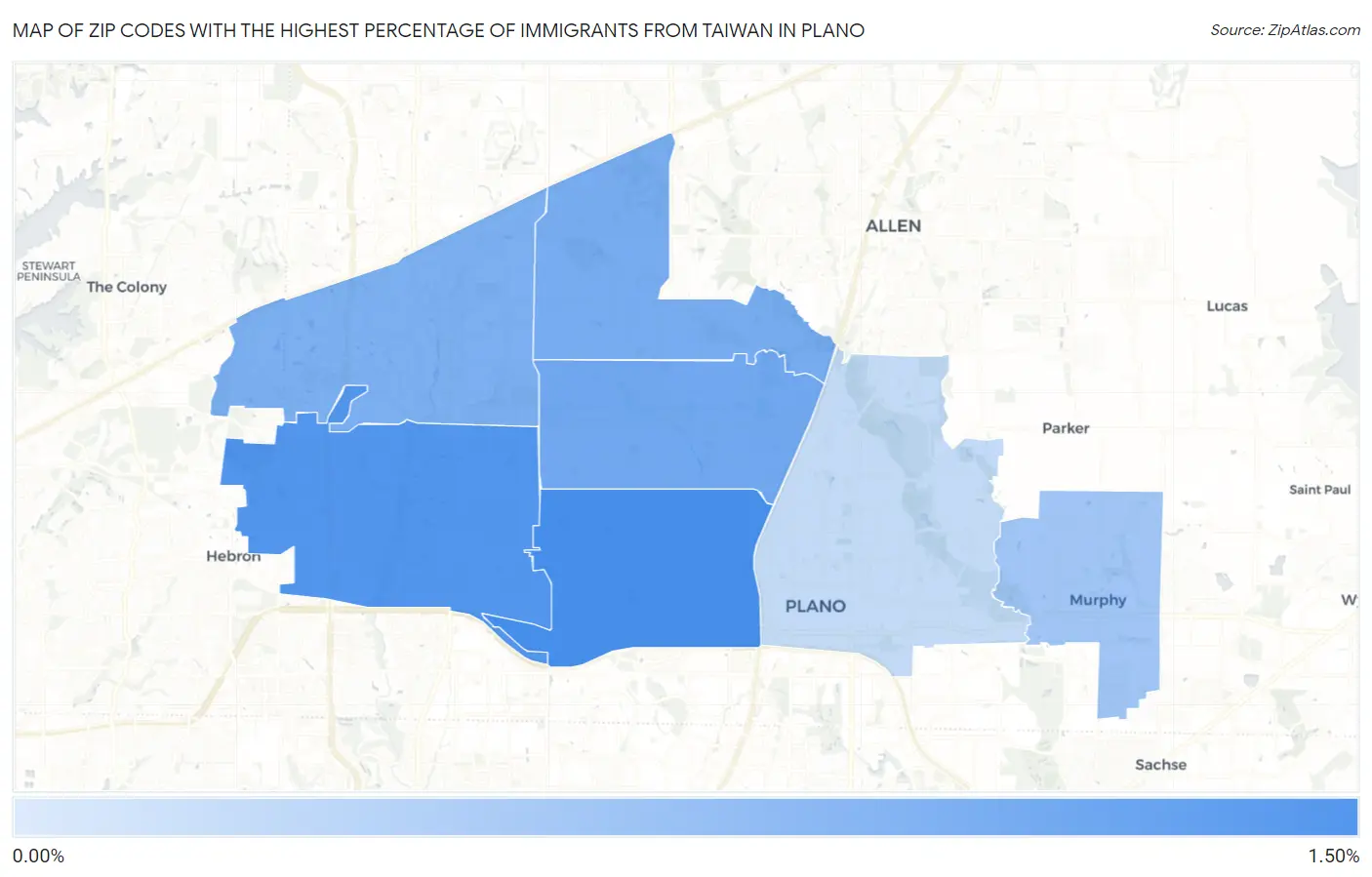 Zip Codes with the Highest Percentage of Immigrants from Taiwan in Plano Map