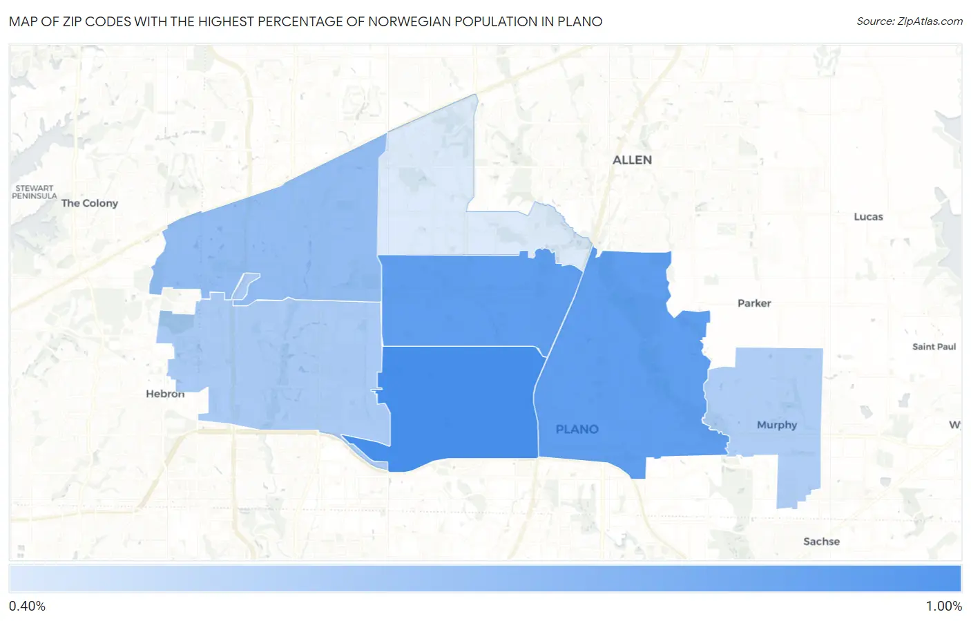 Zip Codes with the Highest Percentage of Norwegian Population in Plano Map
