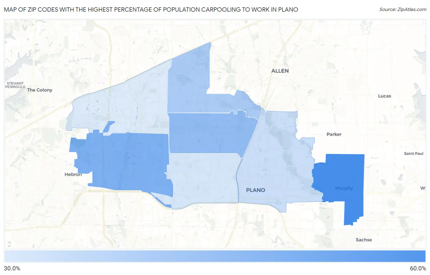 Zip Codes with the Highest Percentage of Population Carpooling to Work in Plano Map