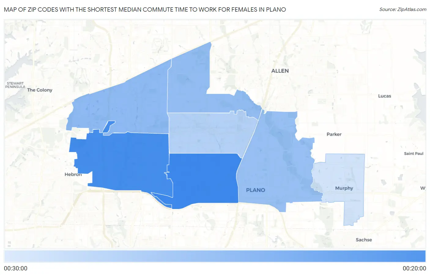 Zip Codes with the Shortest Median Commute Time to Work for Females in Plano Map