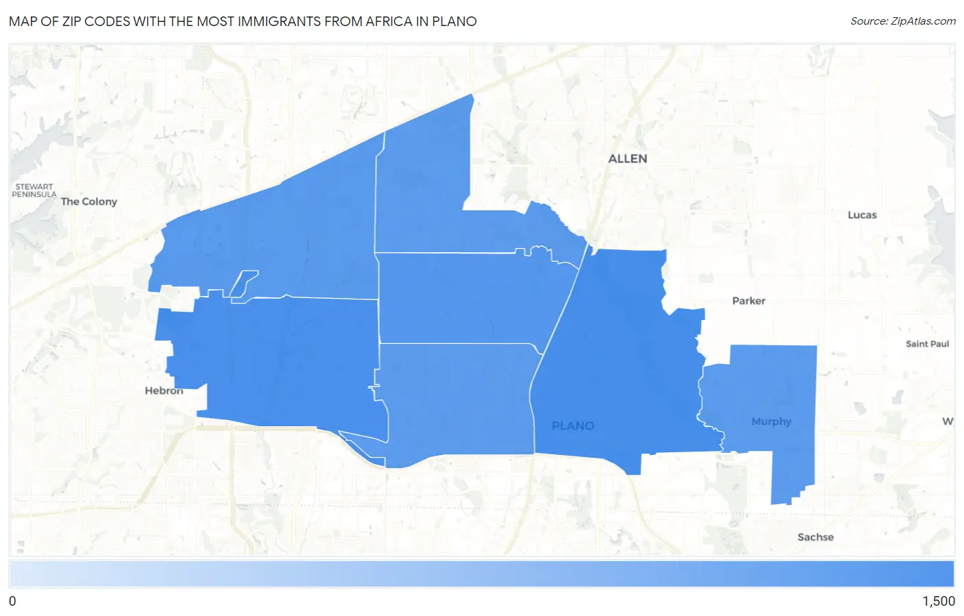 Zip Codes with the Most Immigrants from Africa in Plano Map