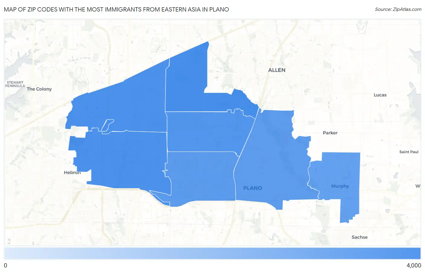Zip Codes with the Most Immigrants from Eastern Asia in Plano Map