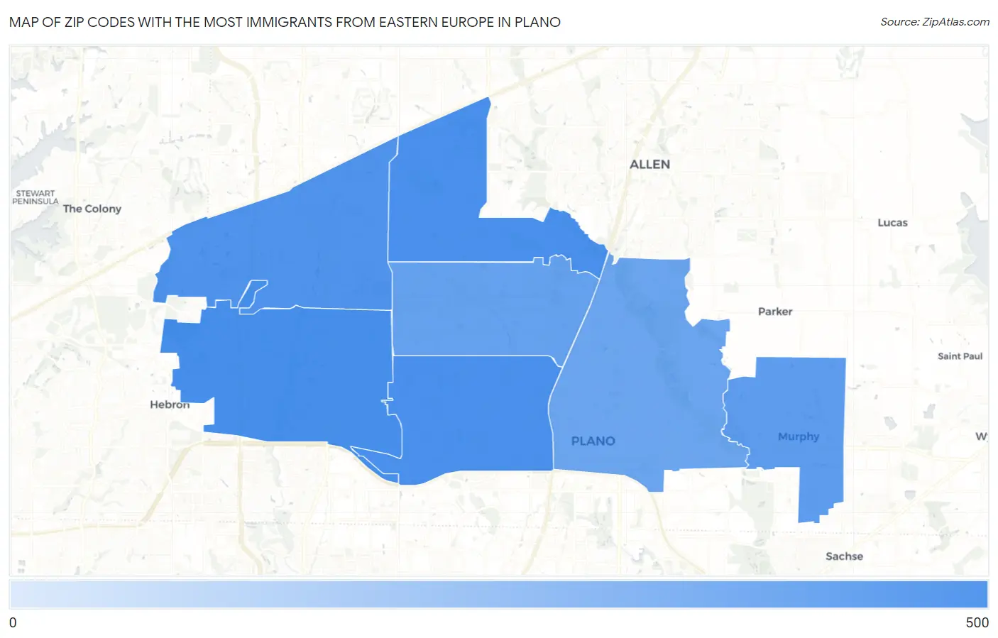 Zip Codes with the Most Immigrants from Eastern Europe in Plano Map