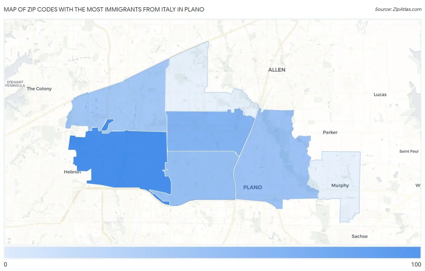 Zip Codes with the Most Immigrants from Italy in Plano Map