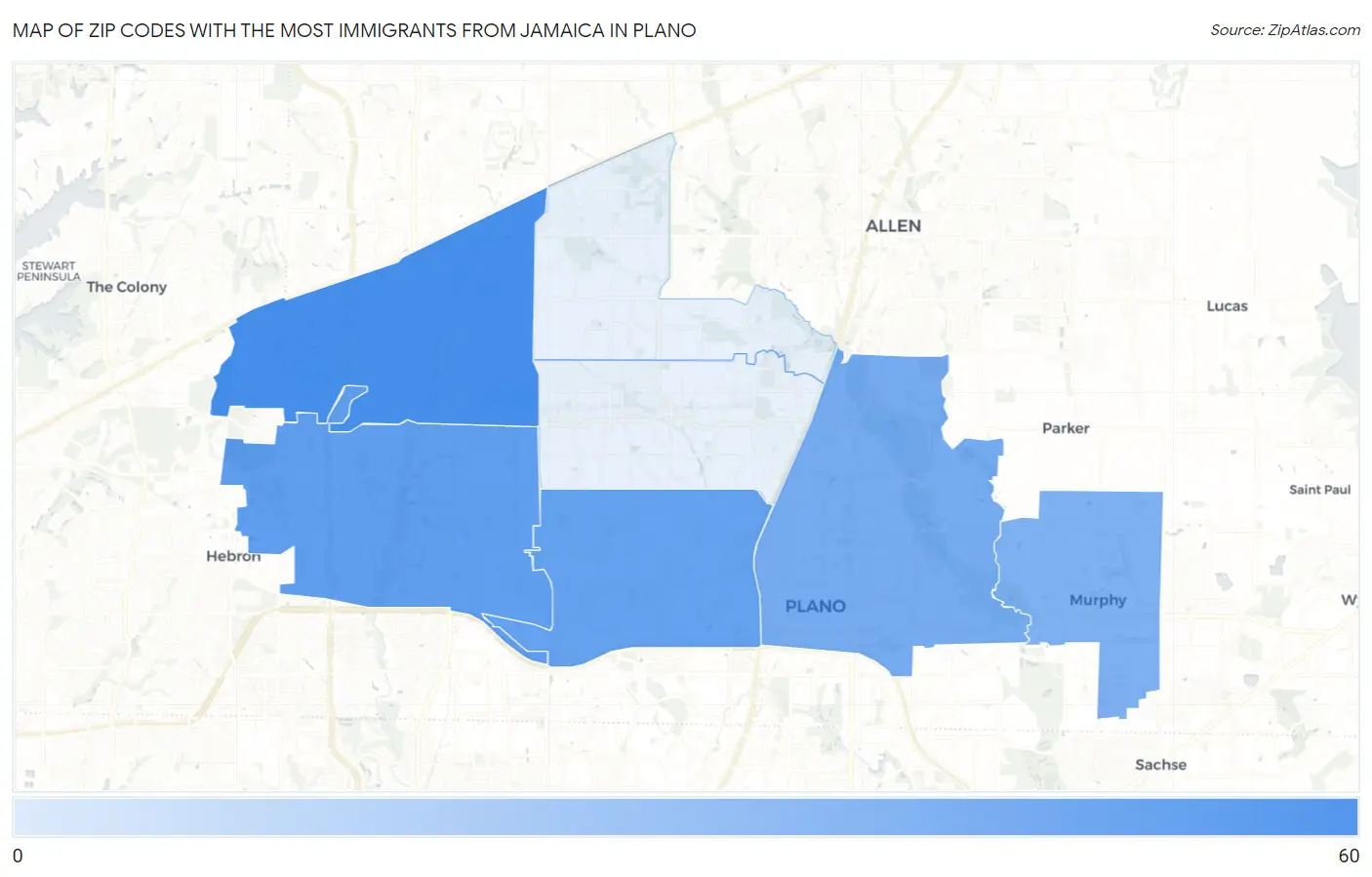 Zip Codes with the Most Immigrants from Jamaica in Plano Map