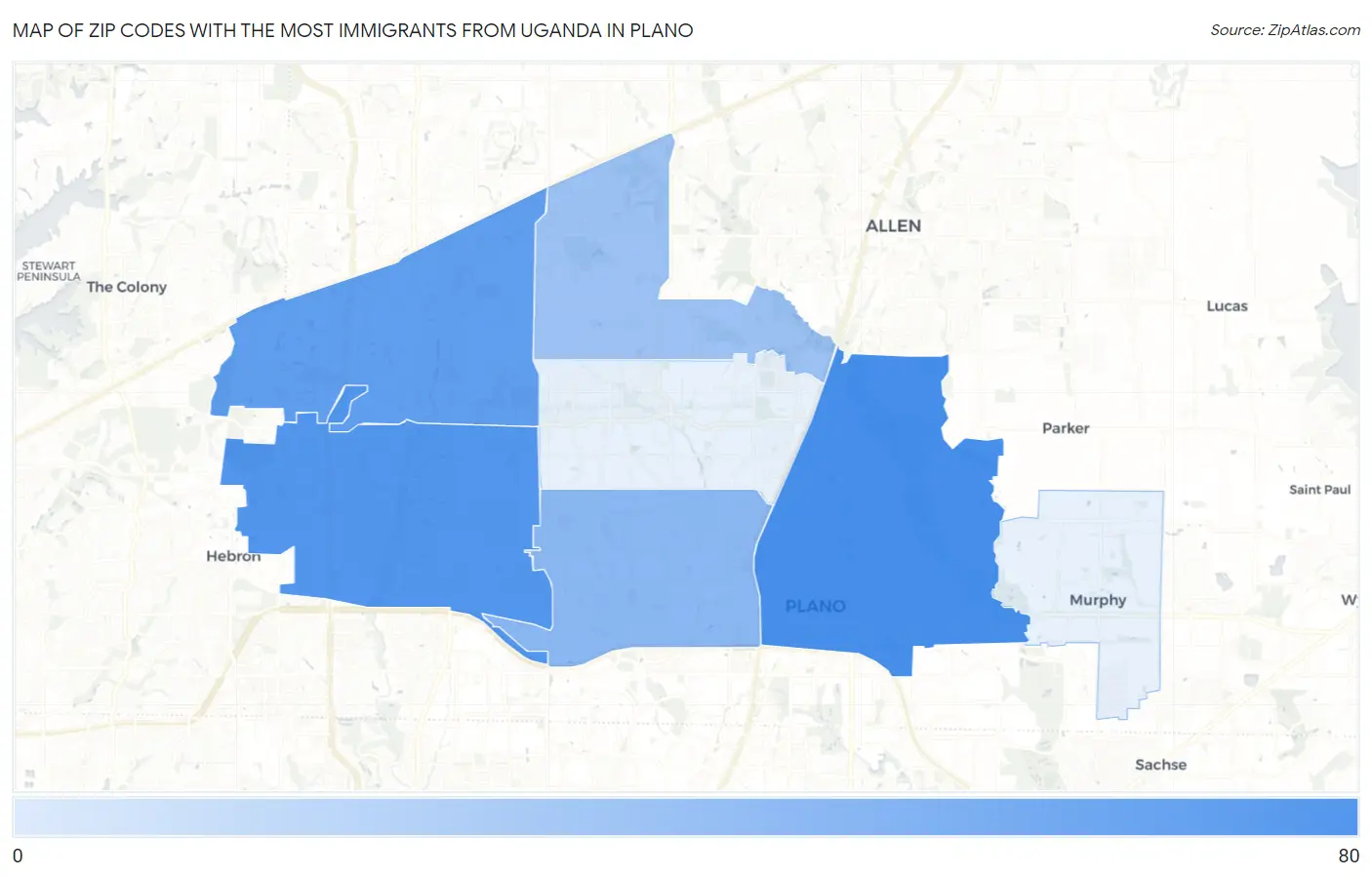 Zip Codes with the Most Immigrants from Uganda in Plano Map