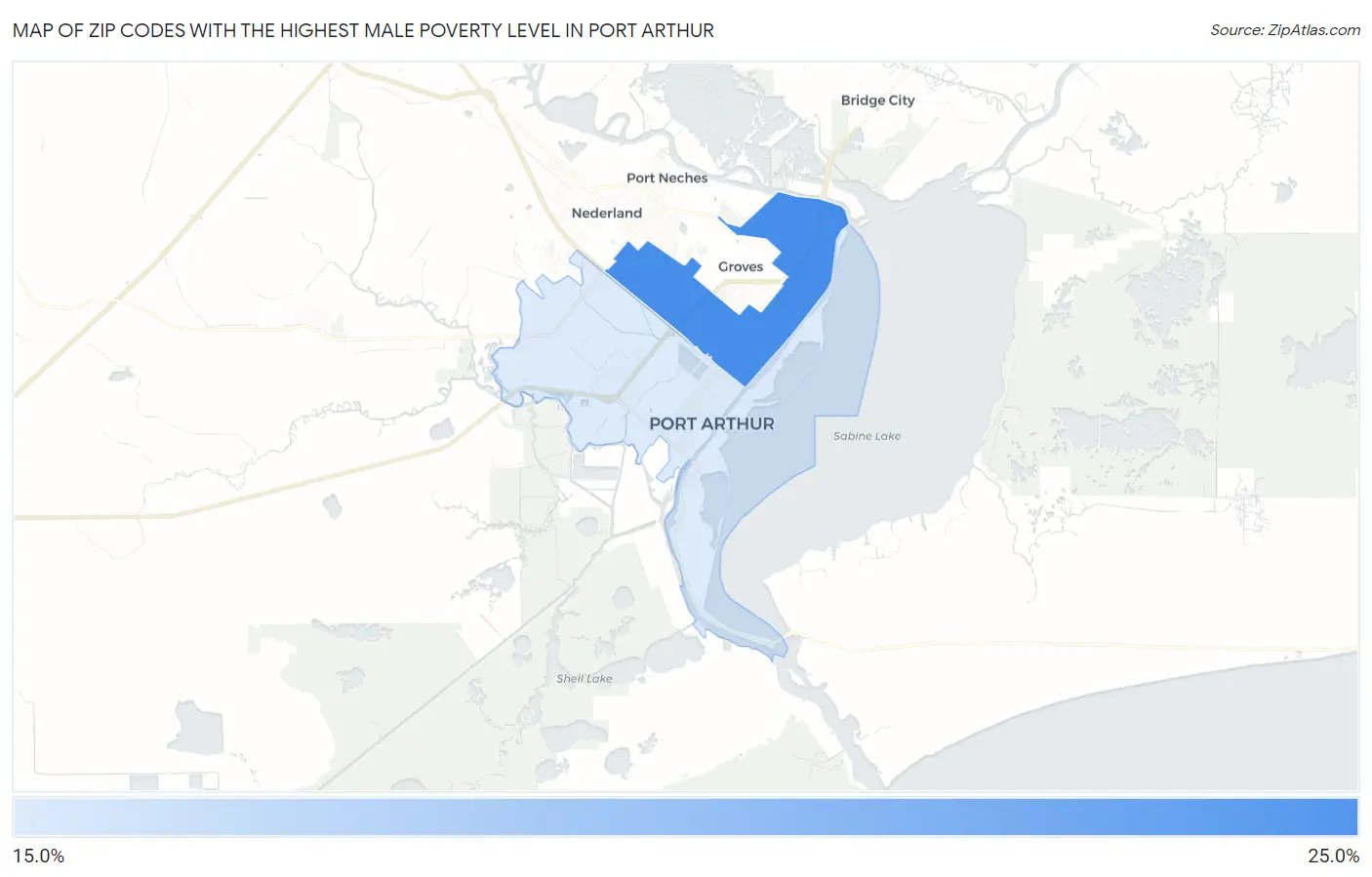 Zip Codes with the Highest Male Poverty Level in Port Arthur Map