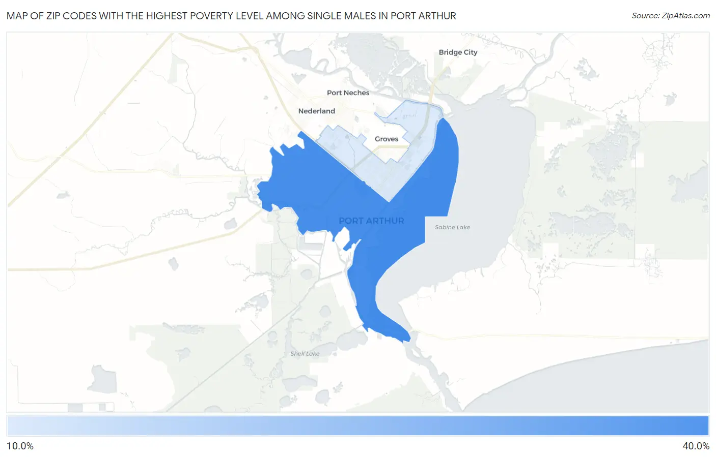 Zip Codes with the Highest Poverty Level Among Single Males in Port Arthur Map