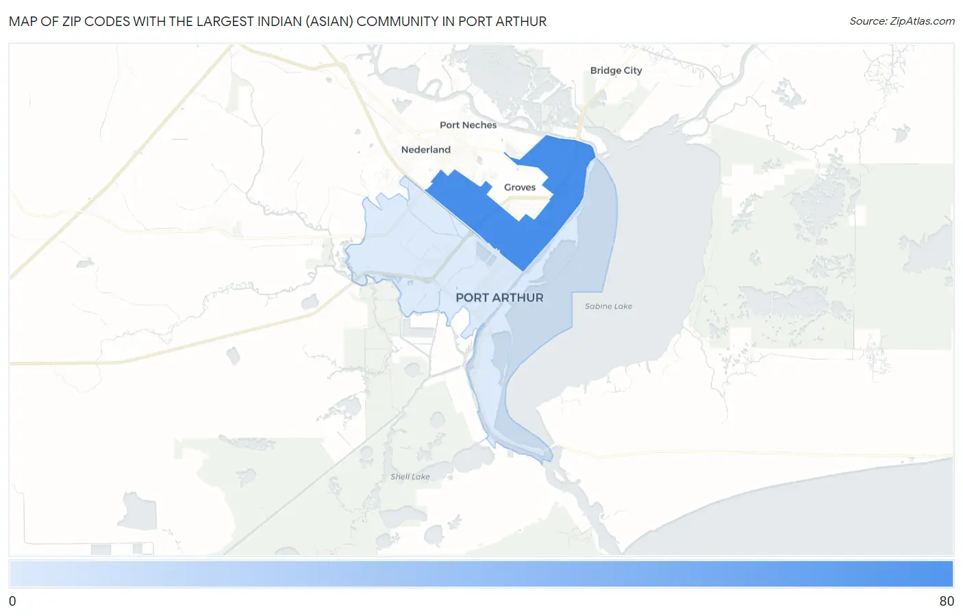 Zip Codes with the Largest Indian (Asian) Community in Port Arthur Map