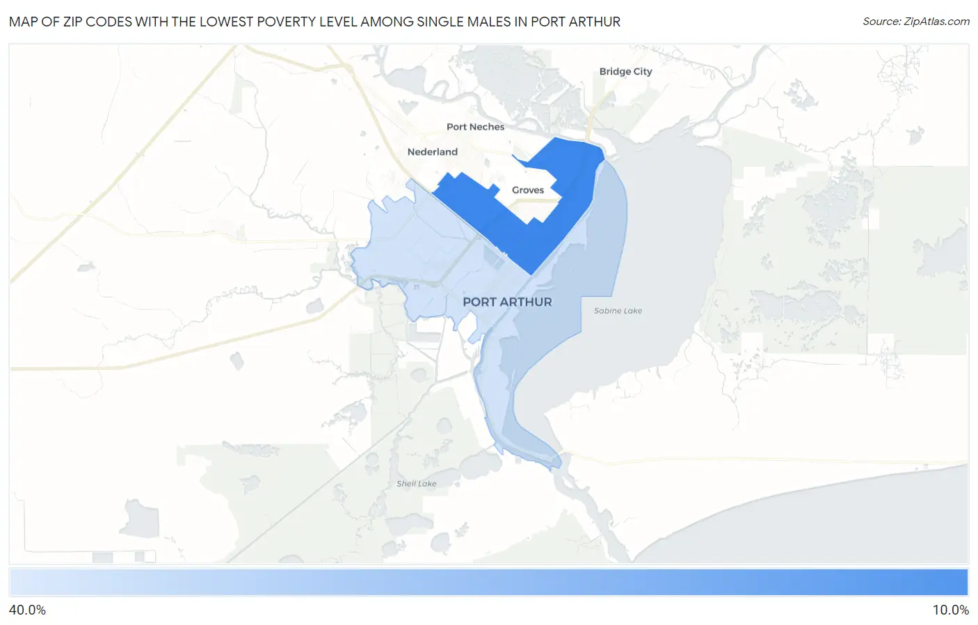 Zip Codes with the Lowest Poverty Level Among Single Males in Port Arthur Map