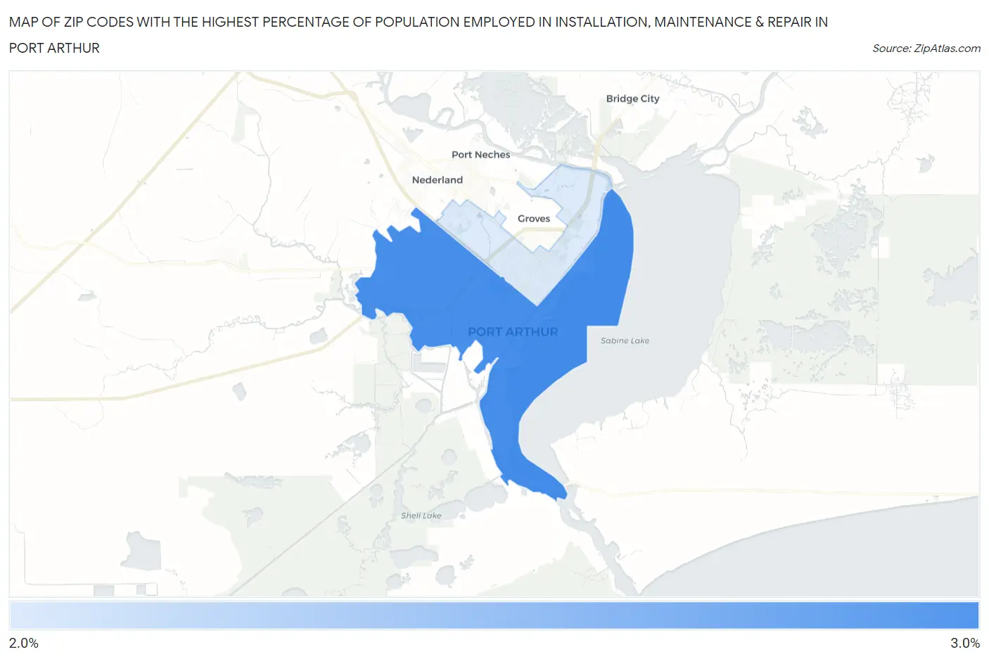 Zip Codes with the Highest Percentage of Population Employed in Installation, Maintenance & Repair in Port Arthur Map