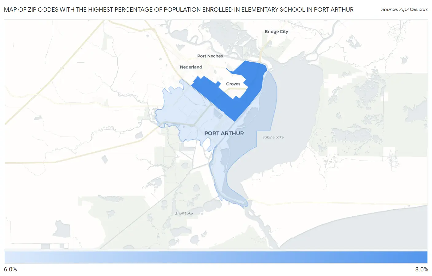 Zip Codes with the Highest Percentage of Population Enrolled in Elementary School in Port Arthur Map