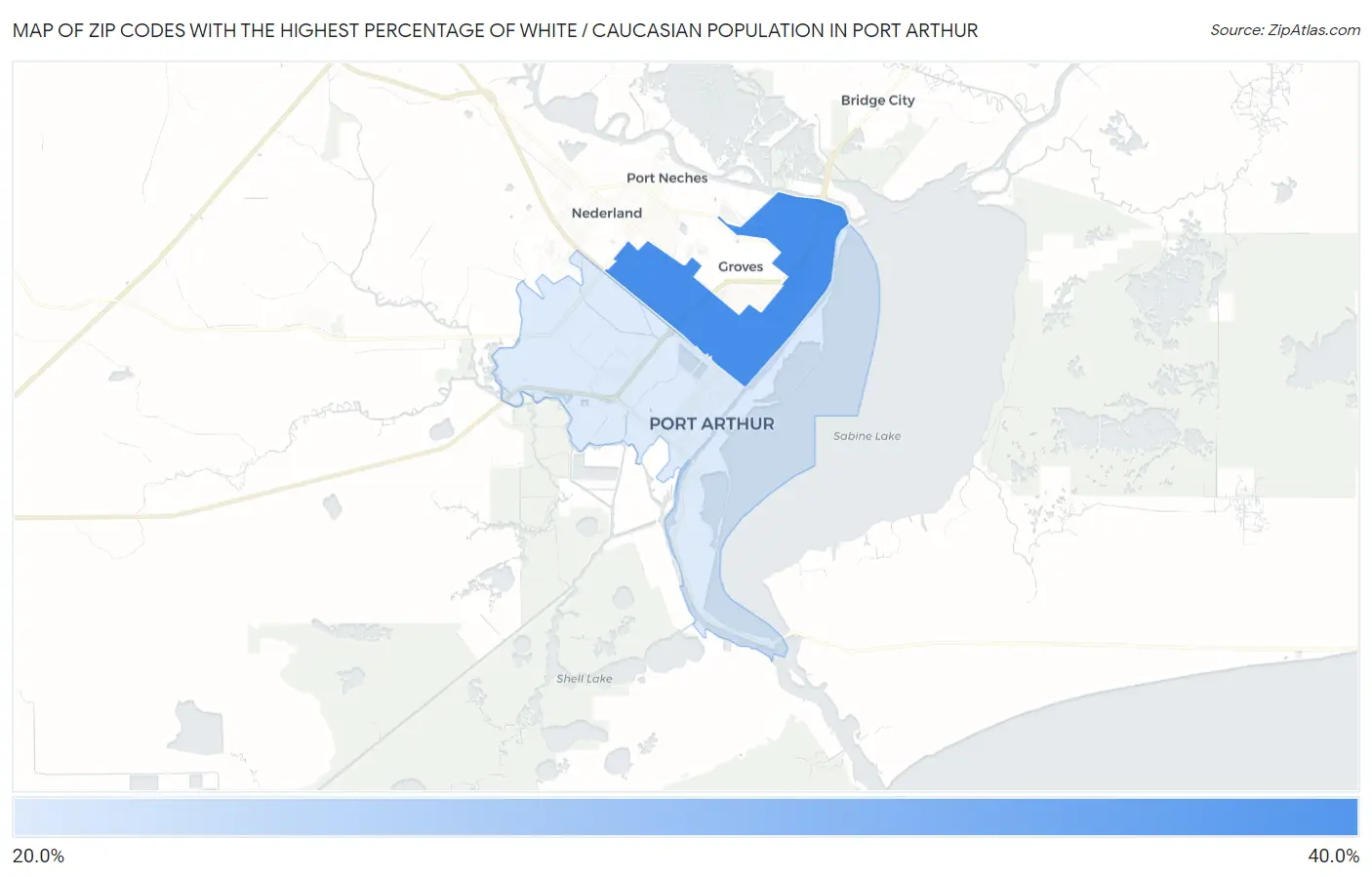 Zip Codes with the Highest Percentage of White / Caucasian Population in Port Arthur Map