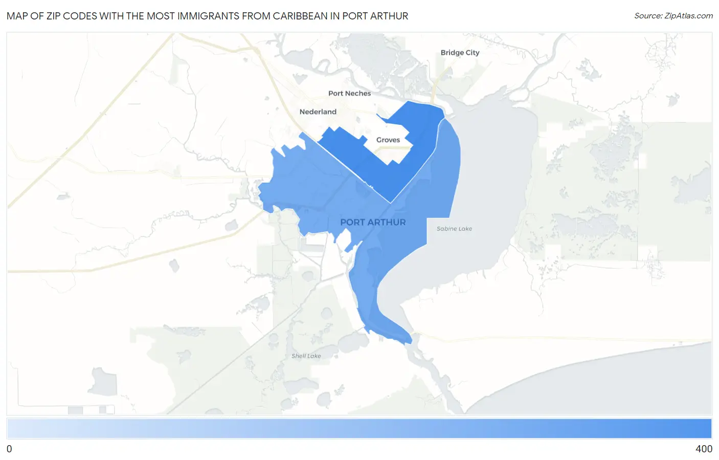 Zip Codes with the Most Immigrants from Caribbean in Port Arthur Map