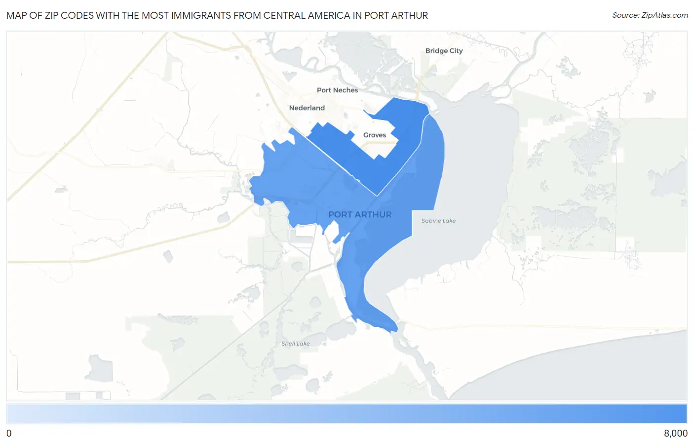 Zip Codes with the Most Immigrants from Central America in Port Arthur Map