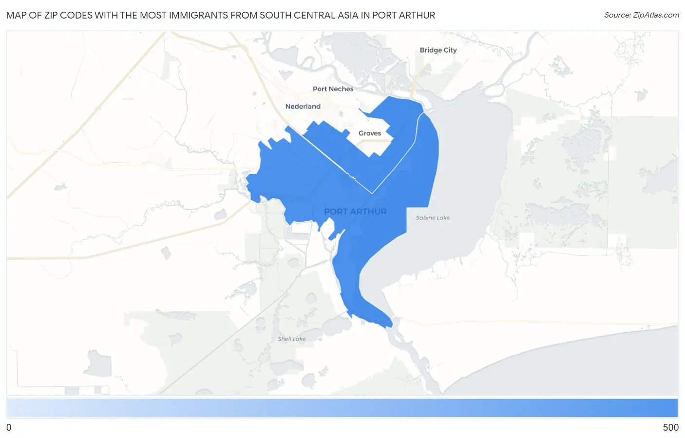 Zip Codes with the Most Immigrants from South Central Asia in Port Arthur Map