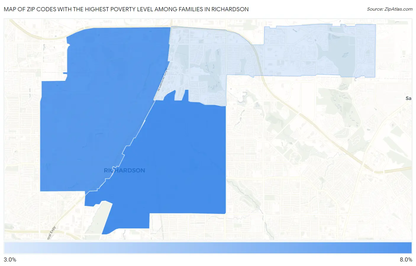 Zip Codes with the Highest Poverty Level Among Families in Richardson Map