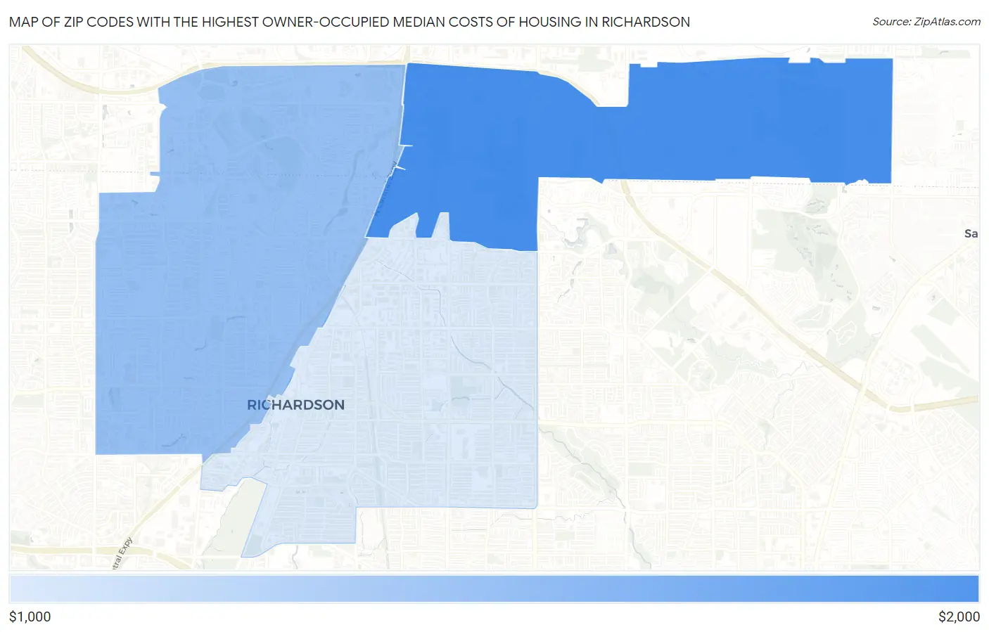 Zip Codes with the Highest Owner-Occupied Median Costs of Housing in Richardson Map