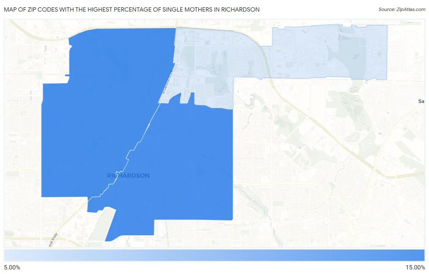 Zip Codes with the Highest Percentage of Single Mothers in Richardson Map