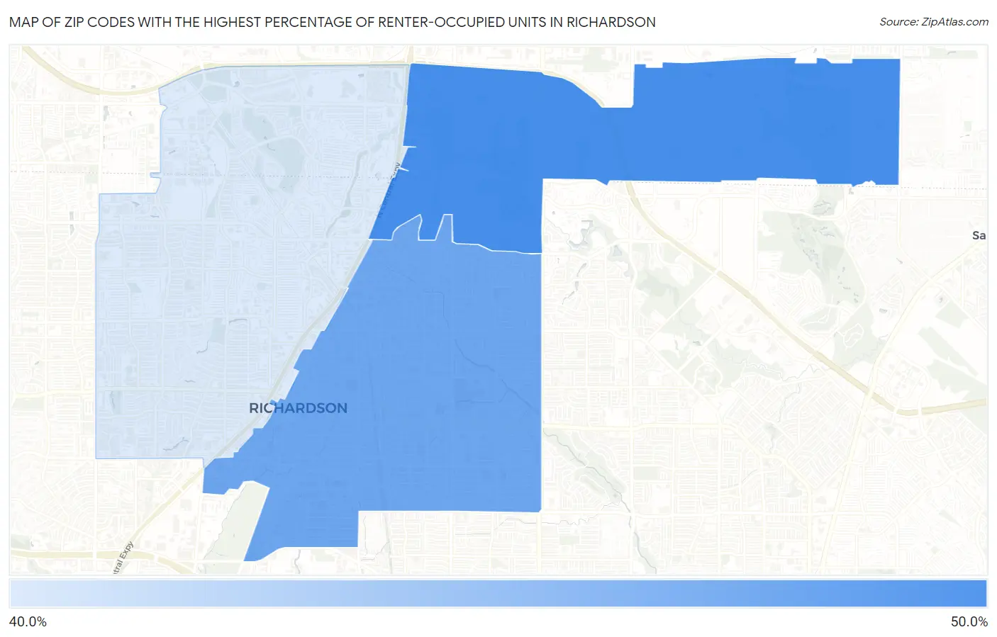 Zip Codes with the Highest Percentage of Renter-Occupied Units in Richardson Map
