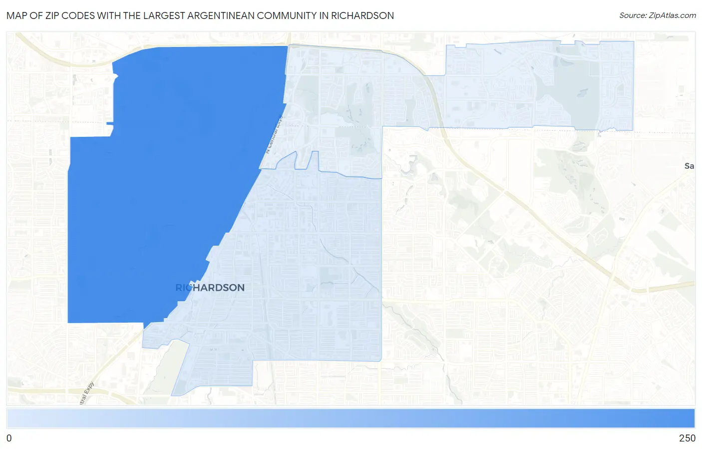 Zip Codes with the Largest Argentinean Community in Richardson Map