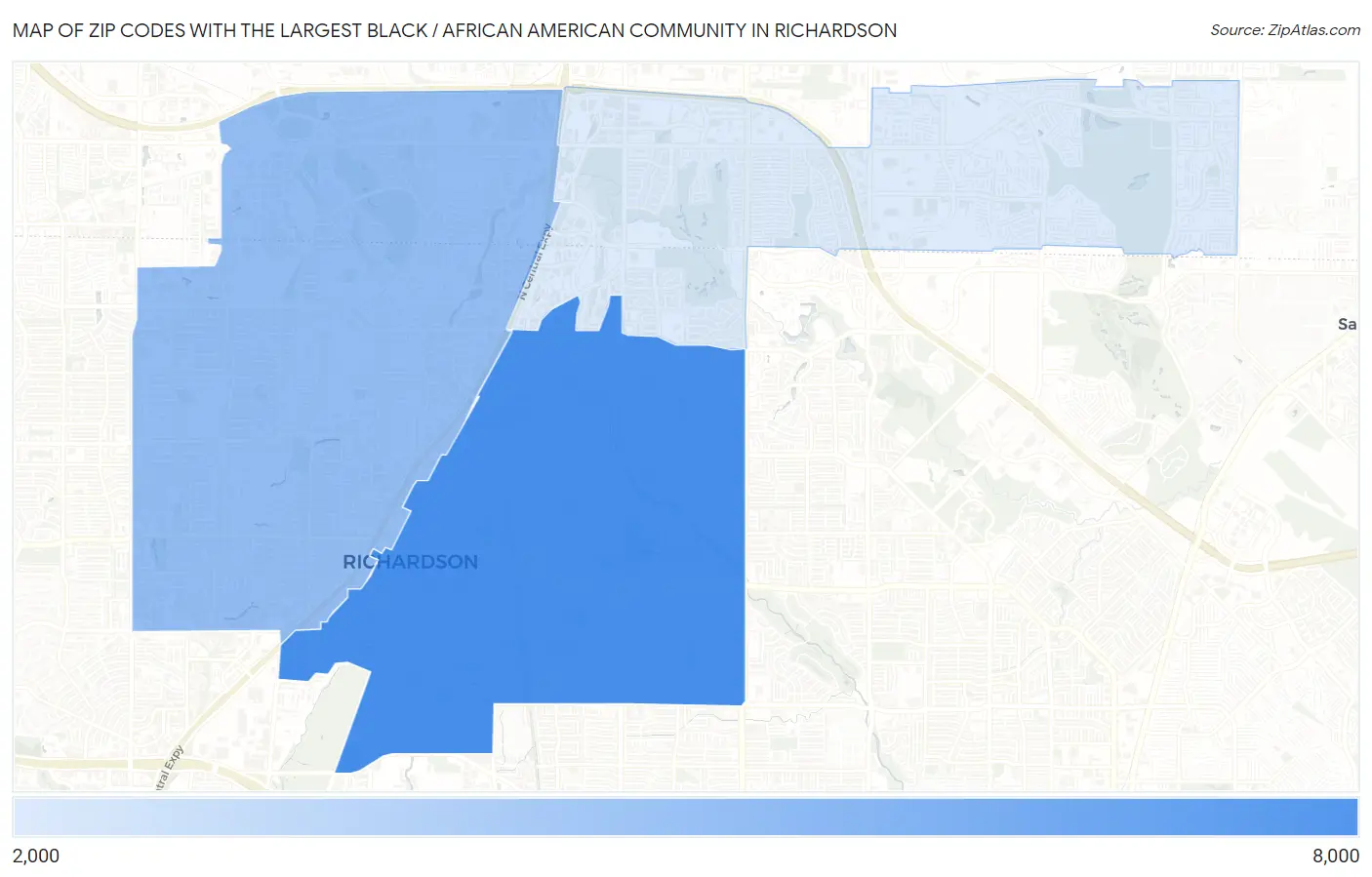 Zip Codes with the Largest Black / African American Community in Richardson Map