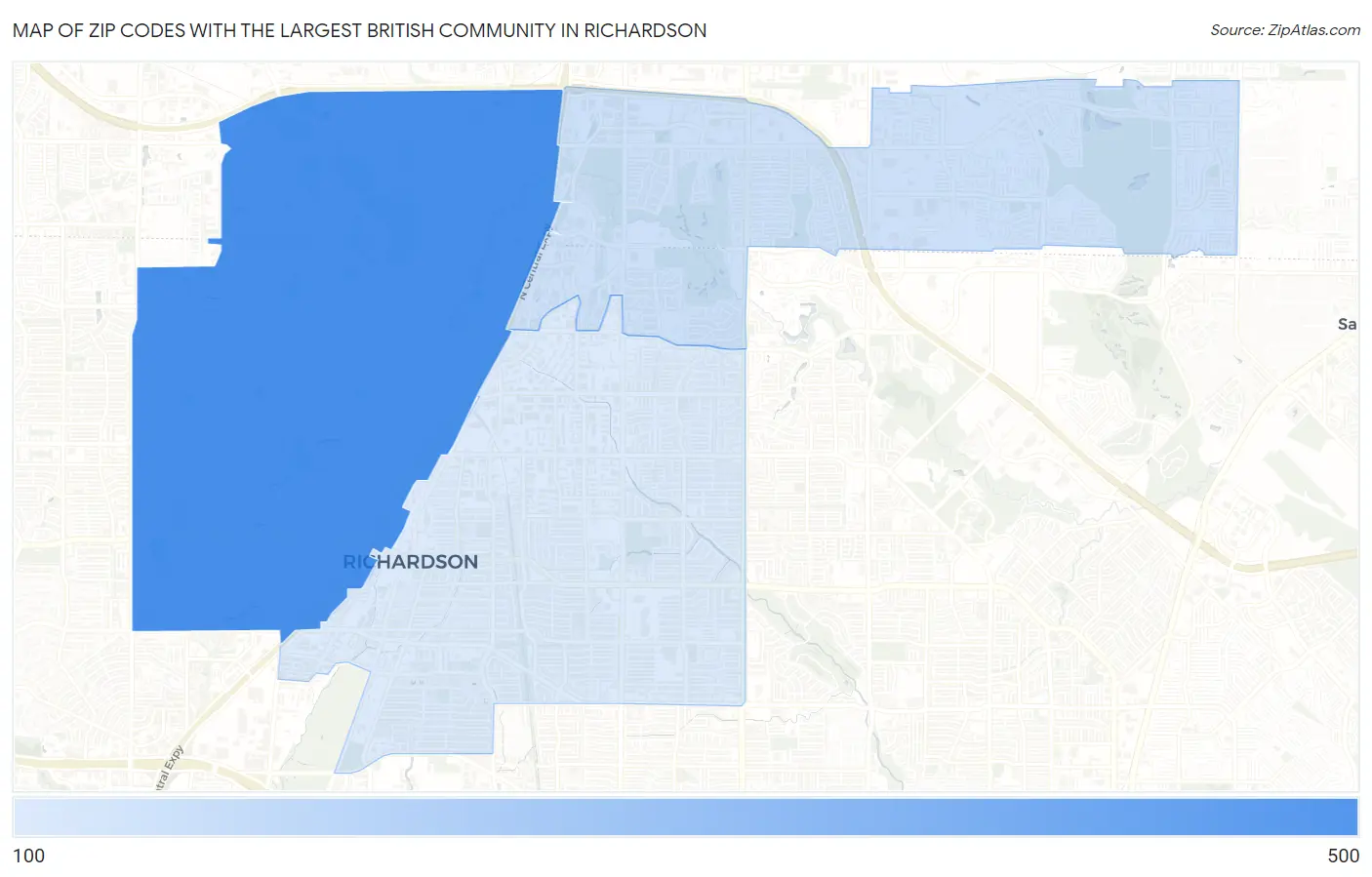 Zip Codes with the Largest British Community in Richardson Map