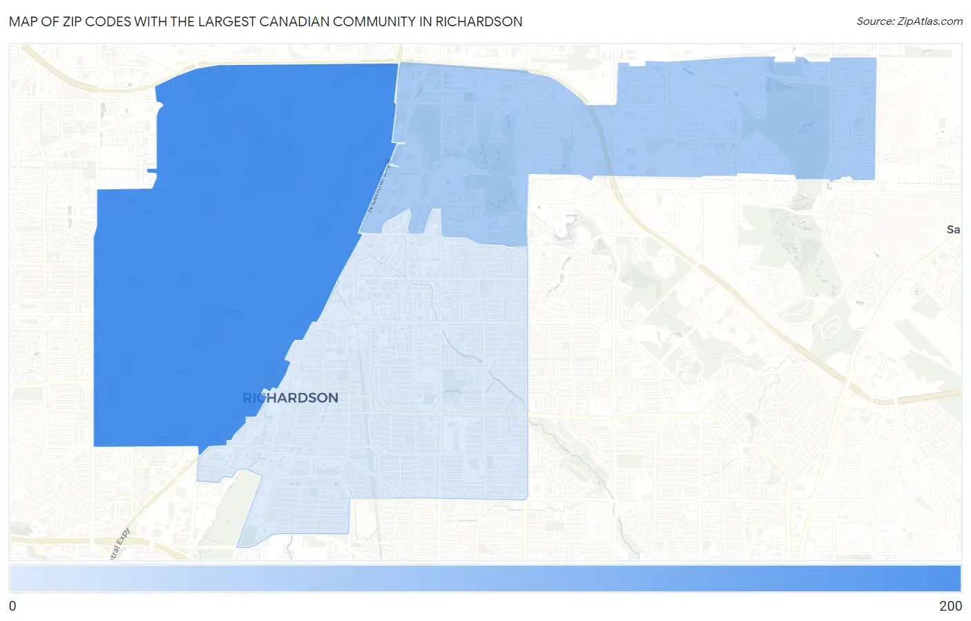 Zip Codes with the Largest Canadian Community in Richardson Map