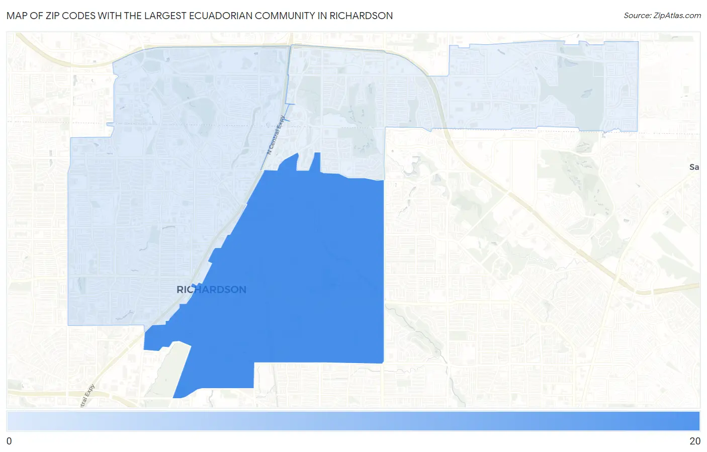 Zip Codes with the Largest Ecuadorian Community in Richardson Map