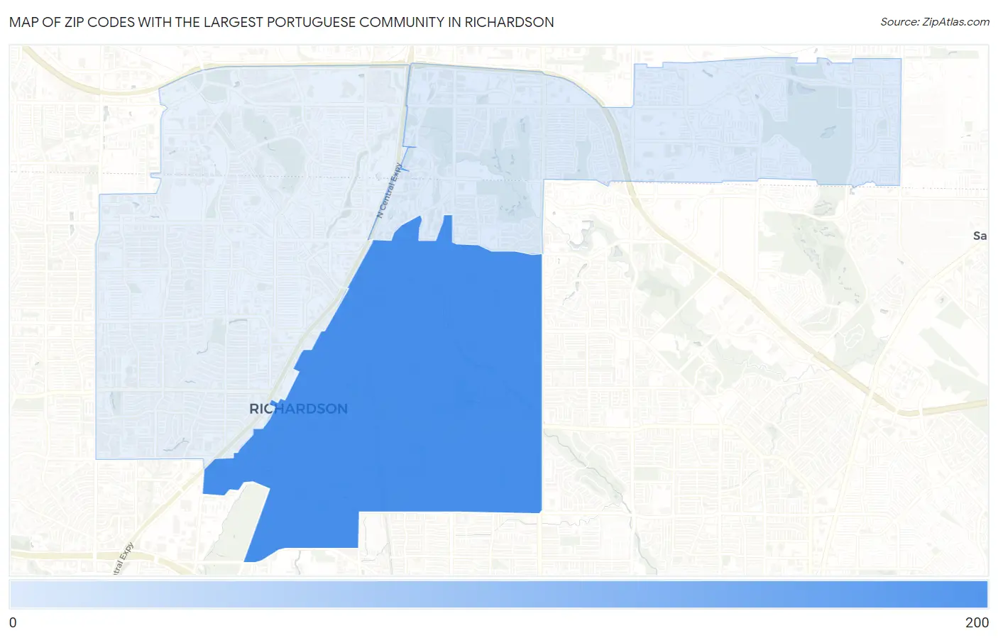 Zip Codes with the Largest Portuguese Community in Richardson Map