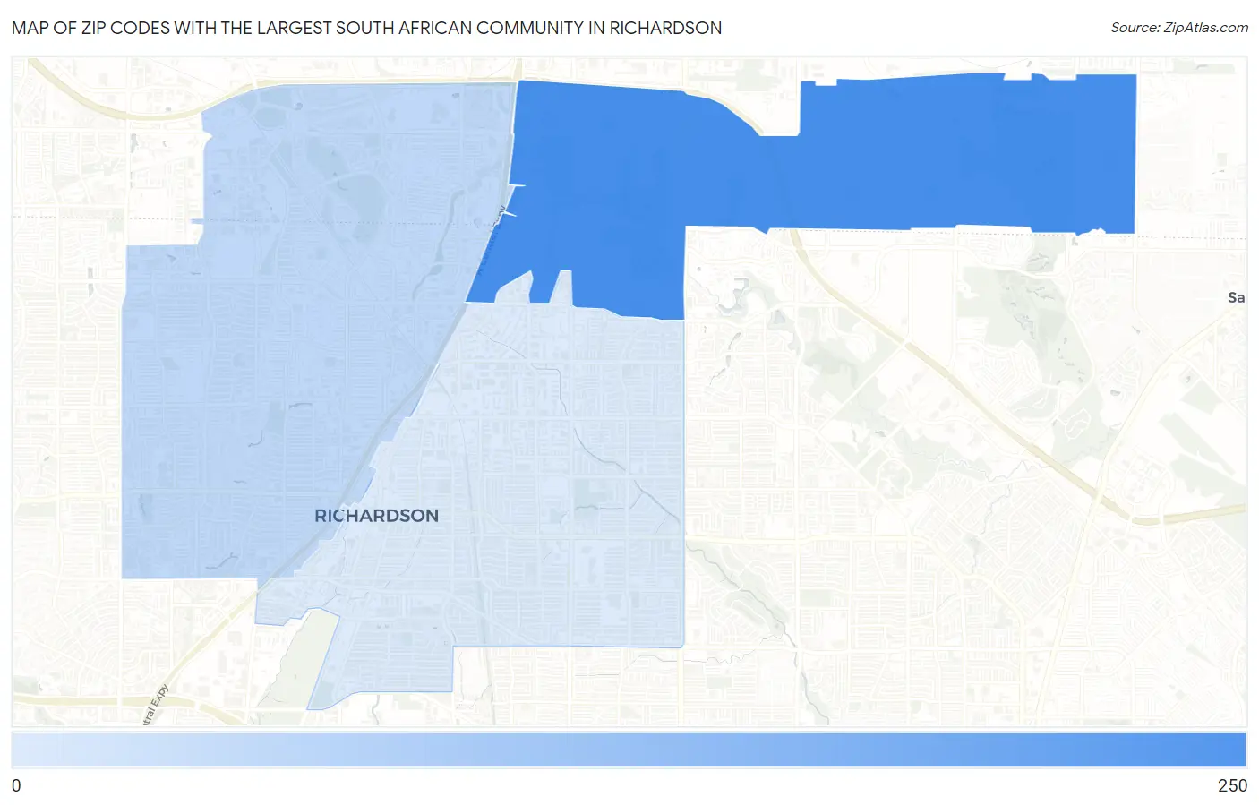 Zip Codes with the Largest South African Community in Richardson Map