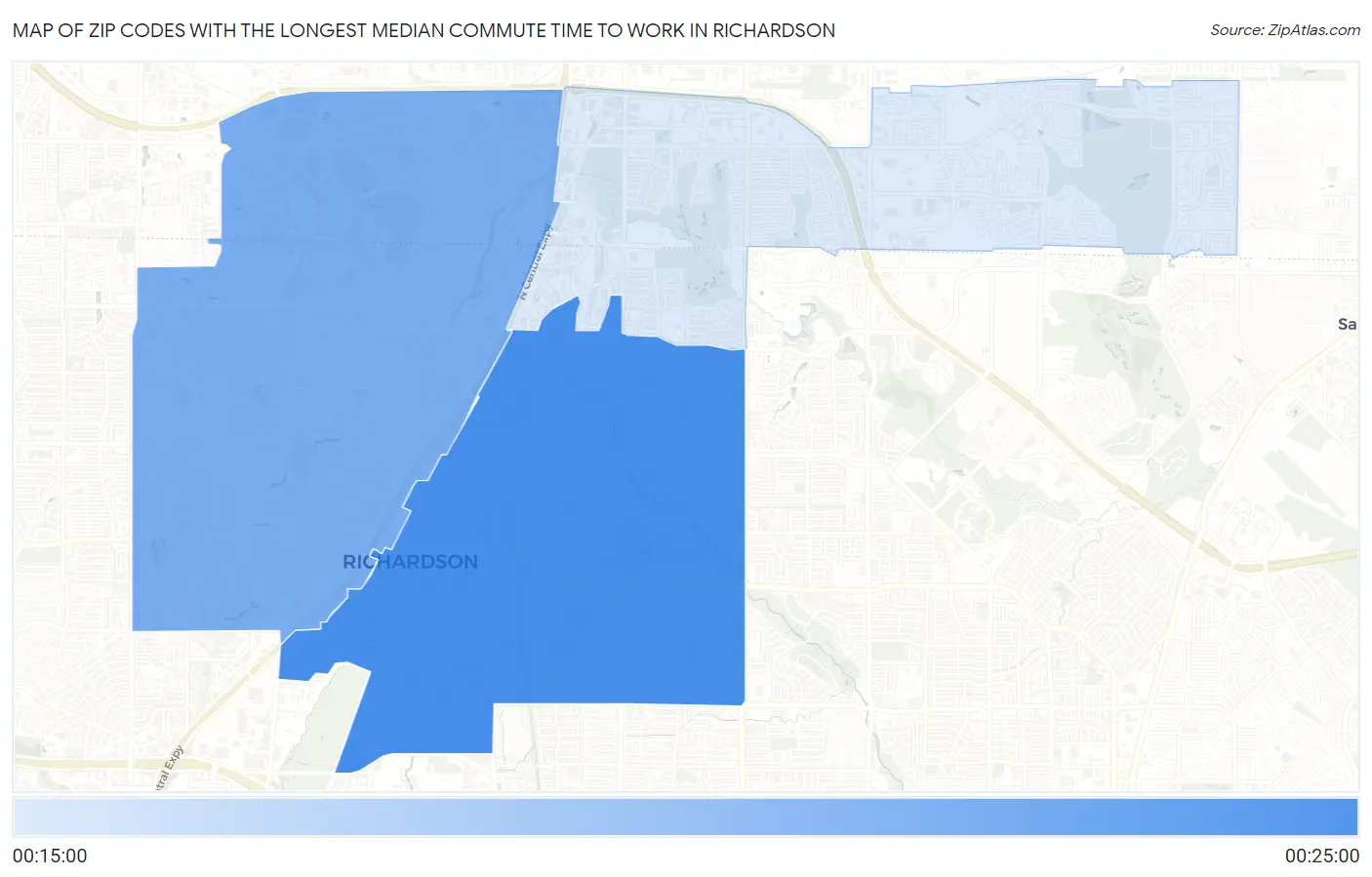 Zip Codes with the Longest Median Commute Time to Work in Richardson Map