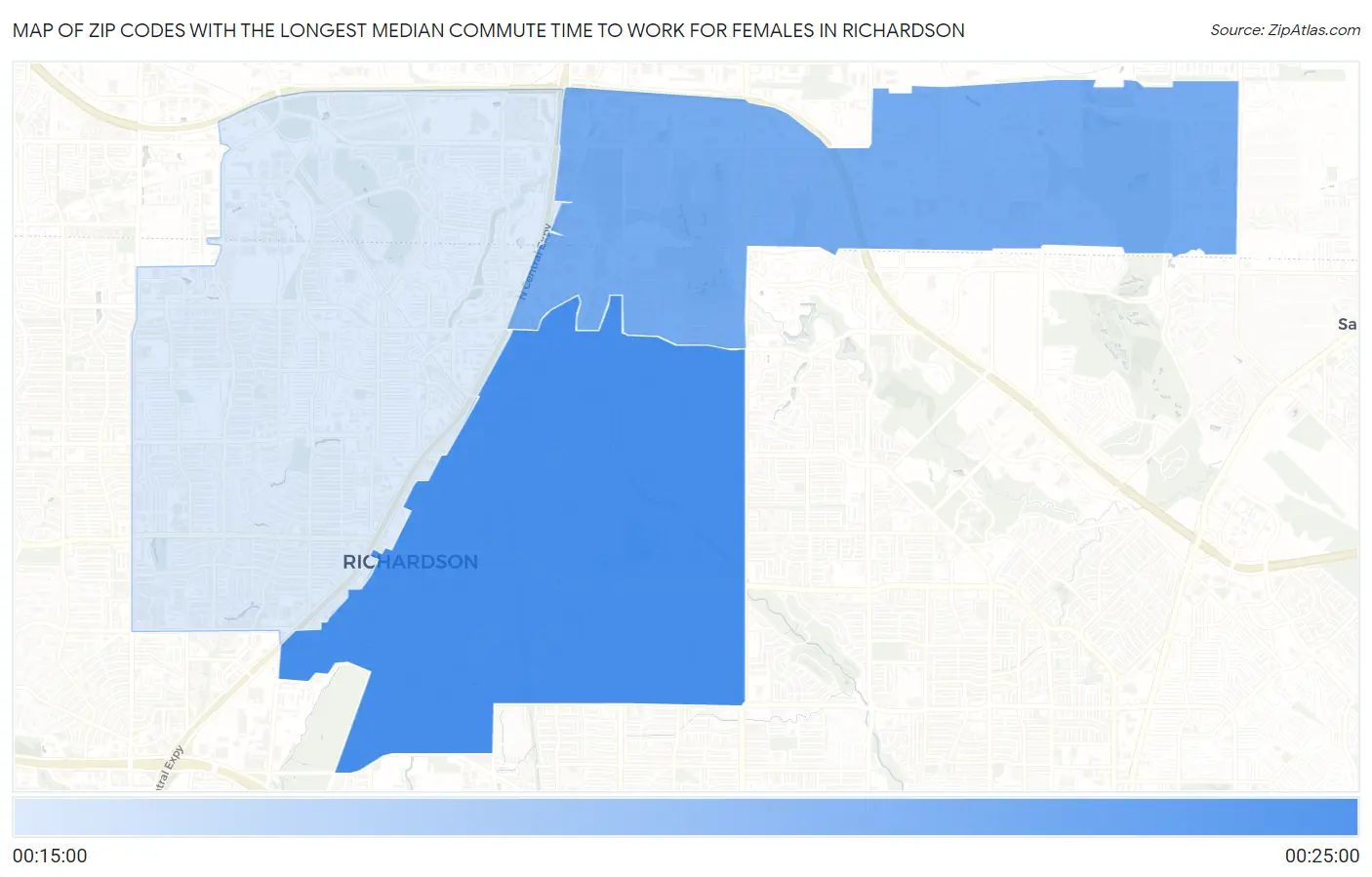 Zip Codes with the Longest Median Commute Time to Work for Females in Richardson Map