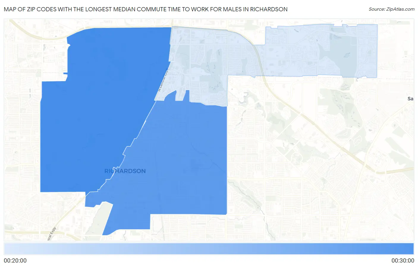 Zip Codes with the Longest Median Commute Time to Work for Males in Richardson Map