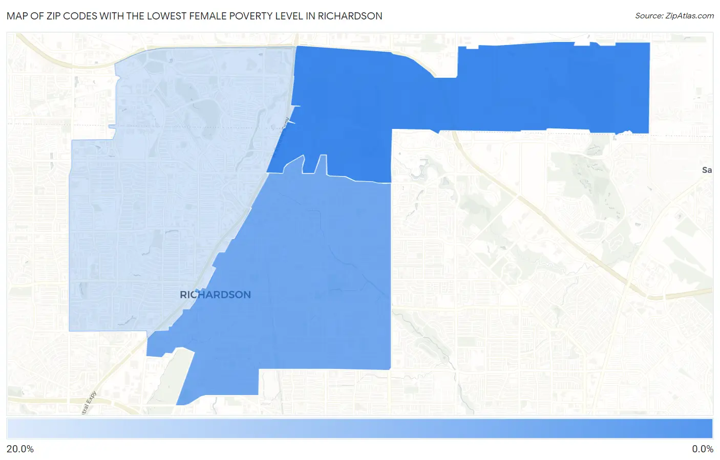 Zip Codes with the Lowest Female Poverty Level in Richardson Map