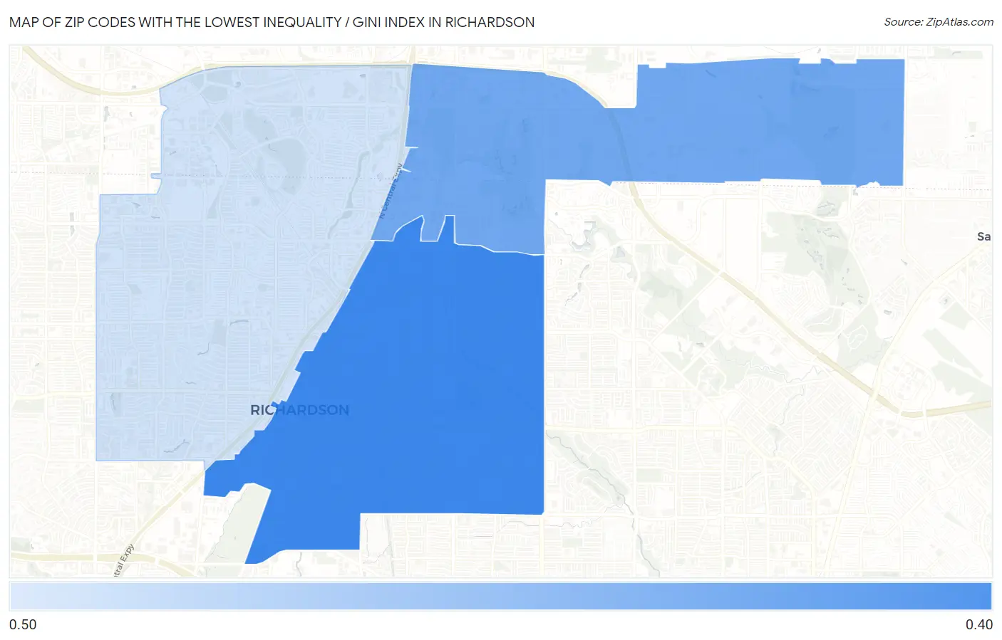 Zip Codes with the Lowest Inequality / Gini Index in Richardson Map