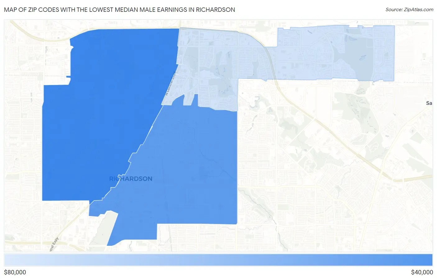 Zip Codes with the Lowest Median Male Earnings in Richardson Map