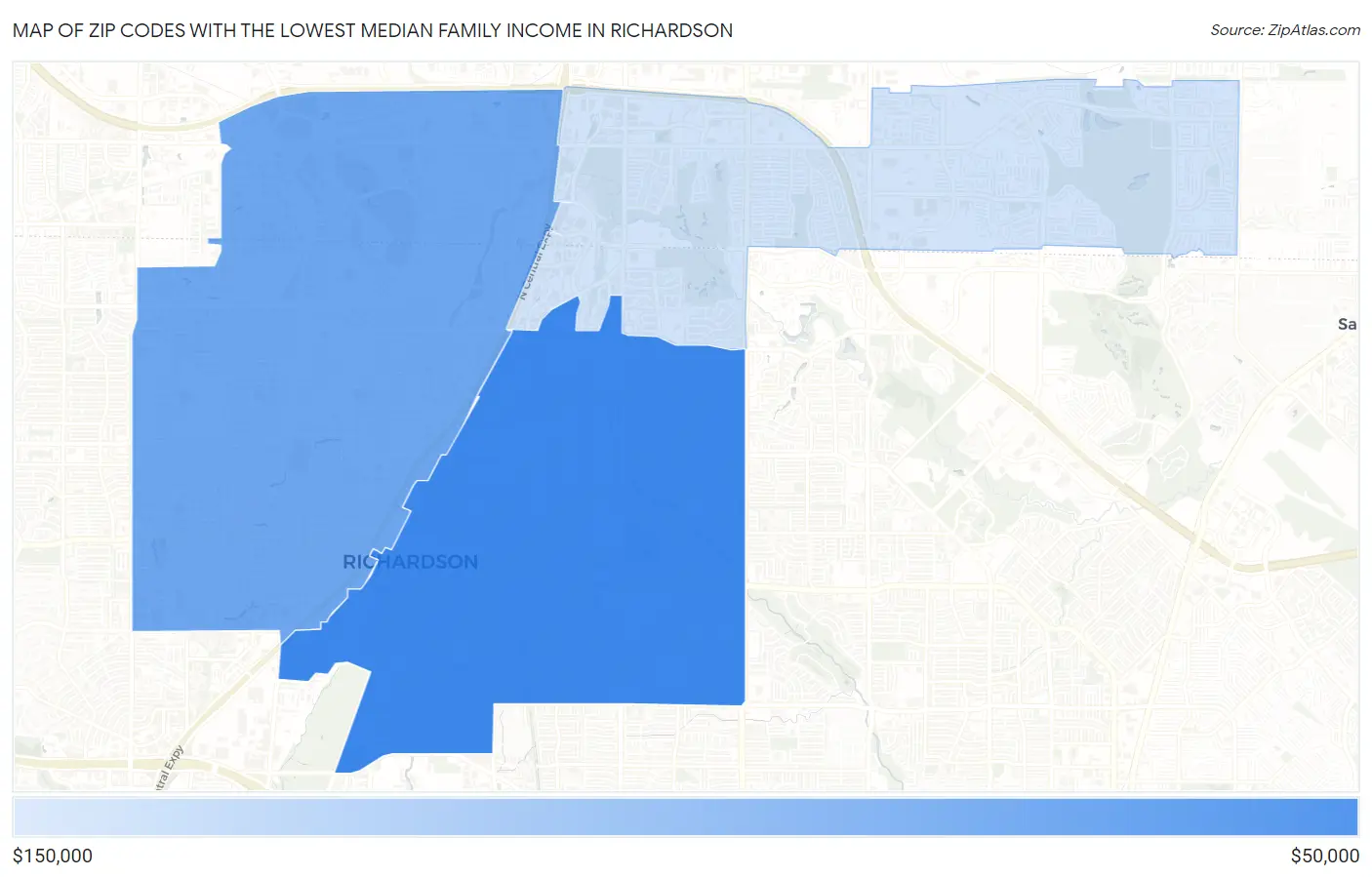 Zip Codes with the Lowest Median Family Income in Richardson Map