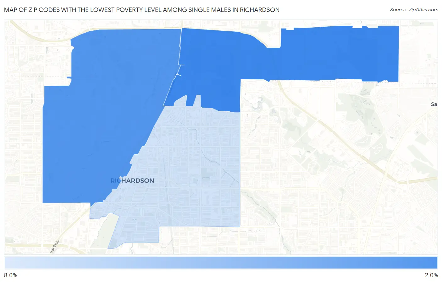 Zip Codes with the Lowest Poverty Level Among Single Males in Richardson Map