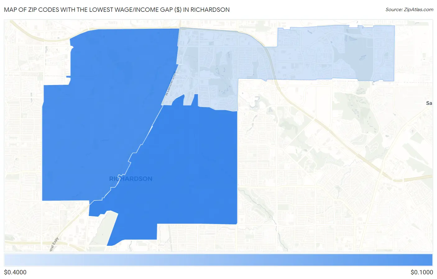 Zip Codes with the Lowest Wage/Income Gap ($) in Richardson Map