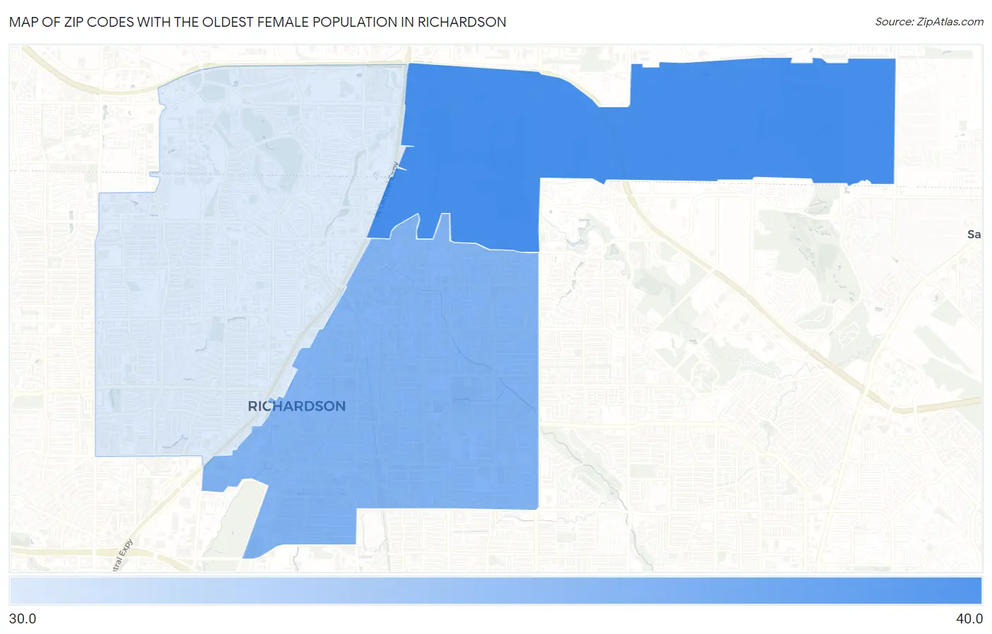 Zip Codes with the Oldest Female Population in Richardson Map